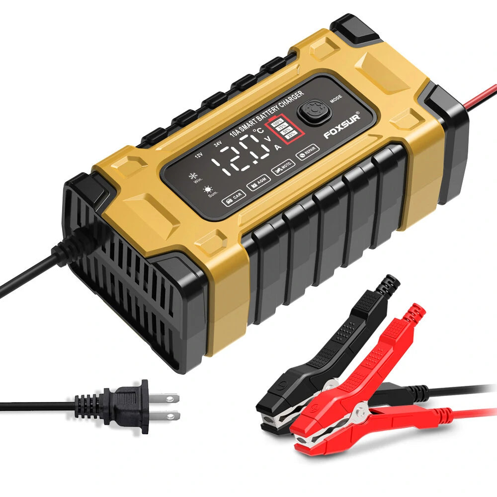 FOXSUR 12V 24V 10A Battery Charger with Intelligent Repair Screen Display for Cars and Motorcycles