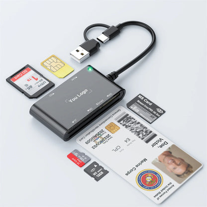 Rocketek CR375-B 6-in-1 Smart Card Reader for Smart SIM SD TF M2 MS Cards with USB-A/USB-C Interface Plug and Play