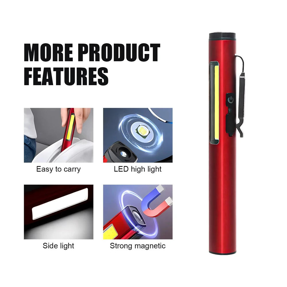 Bikight Magnetic LED Work Flashlight Pen Light USB Rechargeable Emergency Mini Torch Super Bright Outdoor Camping COB Pocket Lamp