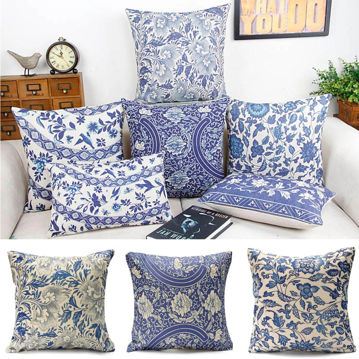 45x45cm Vintage Oriental Retro Blue Floral Linen Pillow Case Cushion Cover Home Decor
