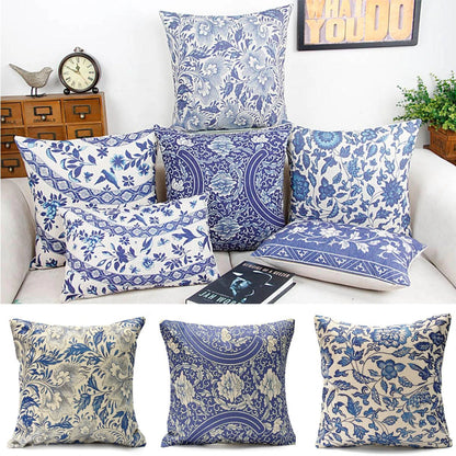 45x45cm Vintage Oriental Retro Blue Floral Linen Pillow Case Cushion Cover Home Decor