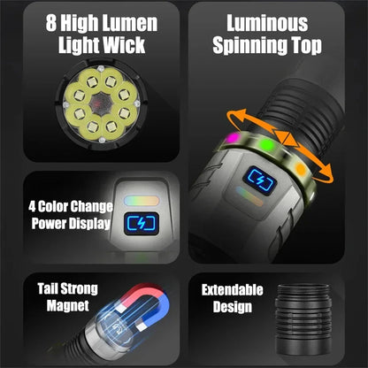 BIKIGHT Super Bright 8 LED Flashlight USB Rechargeable Lamp with Magnet, Gyroscope Rotation Design Torch Outdoor Camping Powerful Lantern