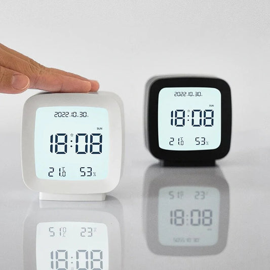 Digital Alarm Clock 12/24H Electronic Alarm Clock Voice-activated Backlight Temperature Humidity Nightlight Table Clocks with Snooze Function