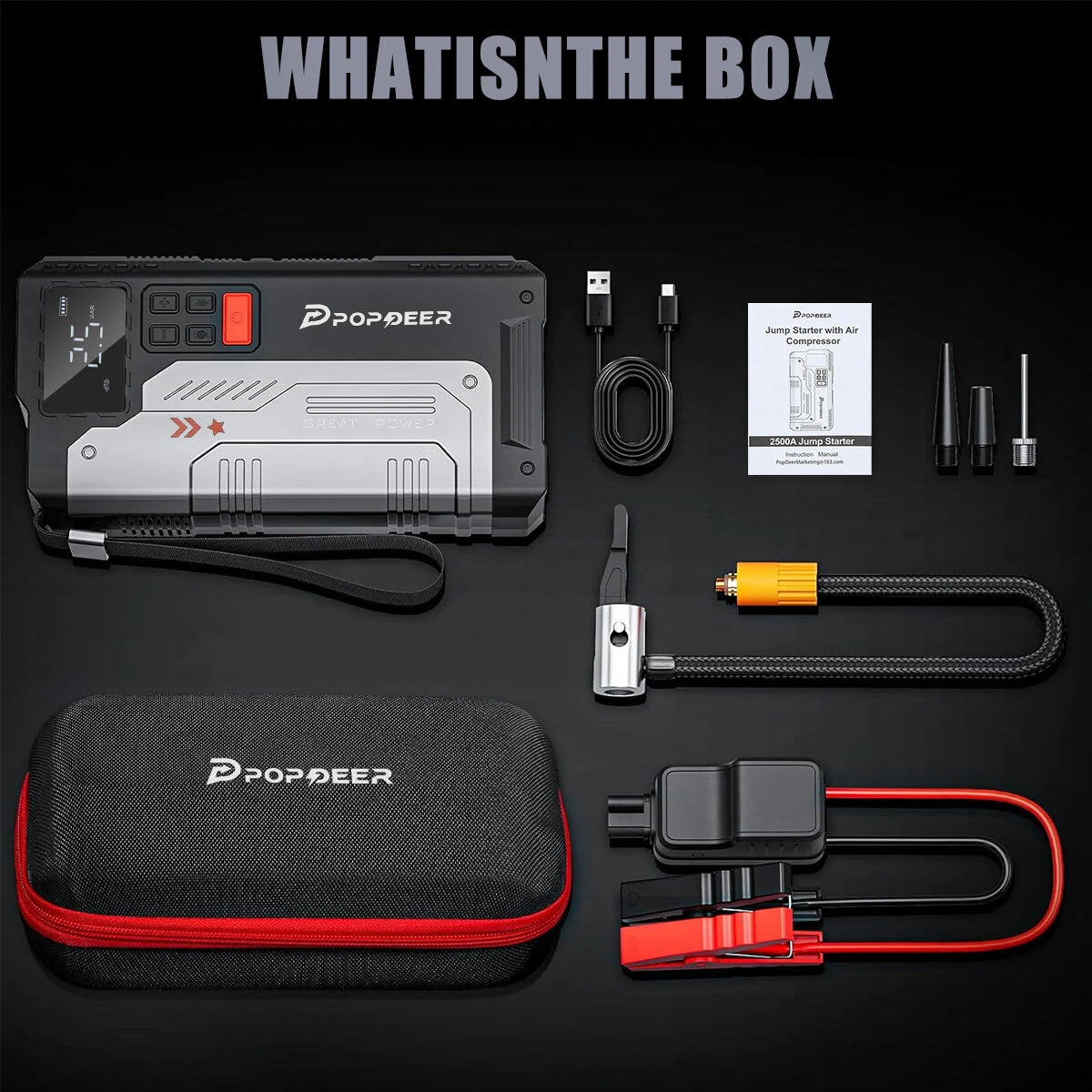 [EU Direct] POPDEER PD-JA1 20000mAh 5000A Professional Portable Car Jump Starter with Air Compressor suitable for gas engines up to 10.0L and 8.0L diesel engines