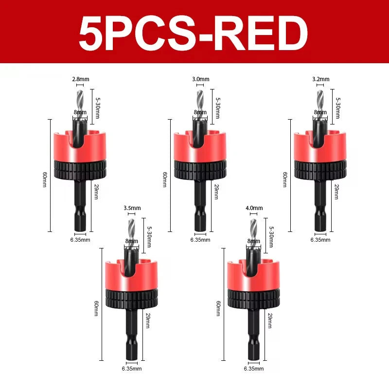 5PCS Countersink Drill Bit Set High Quality Steel Adjustable Depth Stop Hex Shank Varied Sizes 2.8 to 4x8mm Woodworking Tools