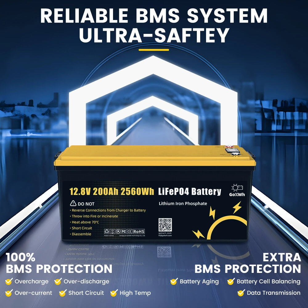 Gokwh 12V 200ah LCD Energy Storage Box 2560Wh  Solar Lithium Ion LiFePO4(LFP)  Battery  for RV Boat Home Energy Storage