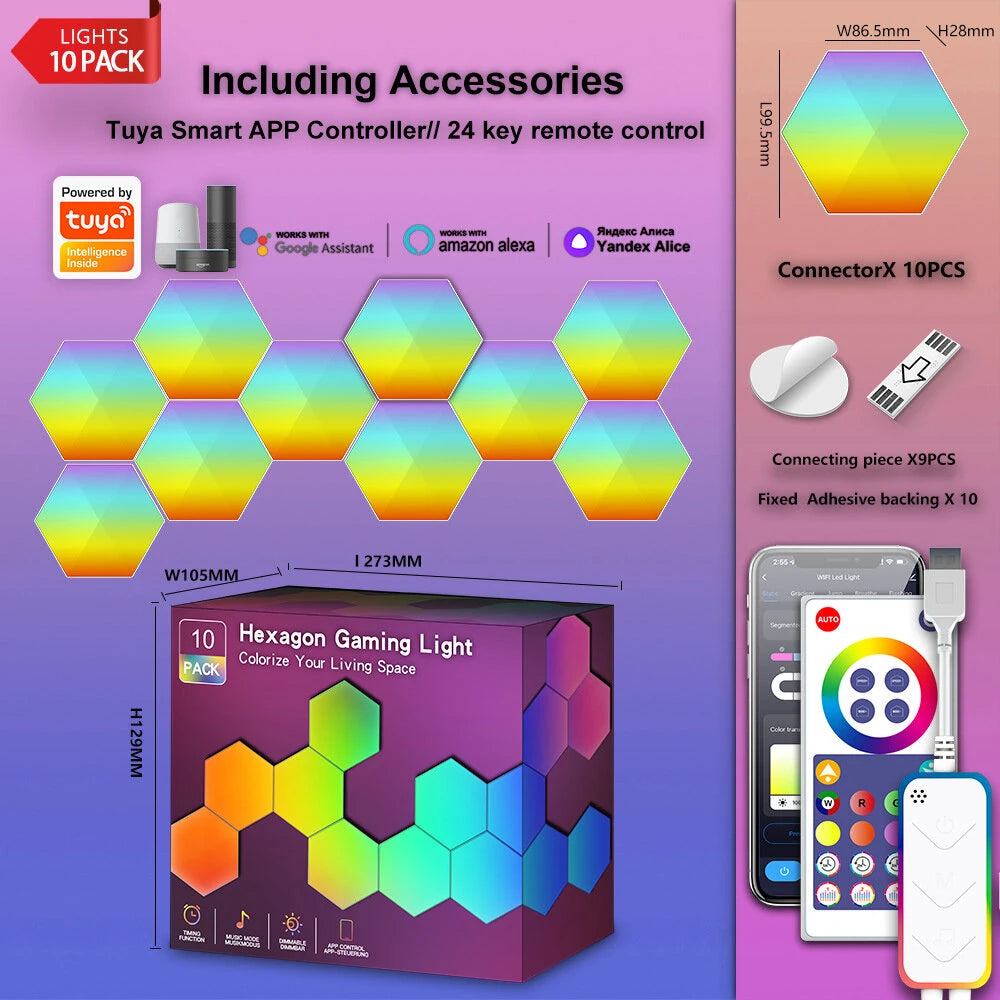 LIXINCORDA Smart RGBIC Hexagonal LED Light Panels Music Sync APP/Remote/Voice Control With Alexa Google