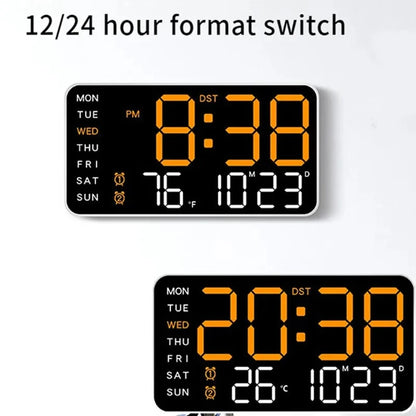 Multi-function LED Digital Wall Clock Borderless Electronic Clock Multifunctional Hanging Standing Clock Simple Digital Clock Display Living Room Wall Clock