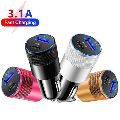 3.1A USB Car Charger Type C Fast Charging Phone Adapter Dual-Port Charging For Xiaomi Huawei PD Phone Charger Adapter Socket