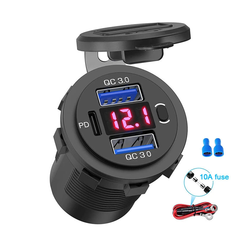 Three Port 12V/24V USB Charger Socket Dual 18W QC 3.0 & 20W PD USB-C For Car Motorcycle With Voltmeter Power Switch