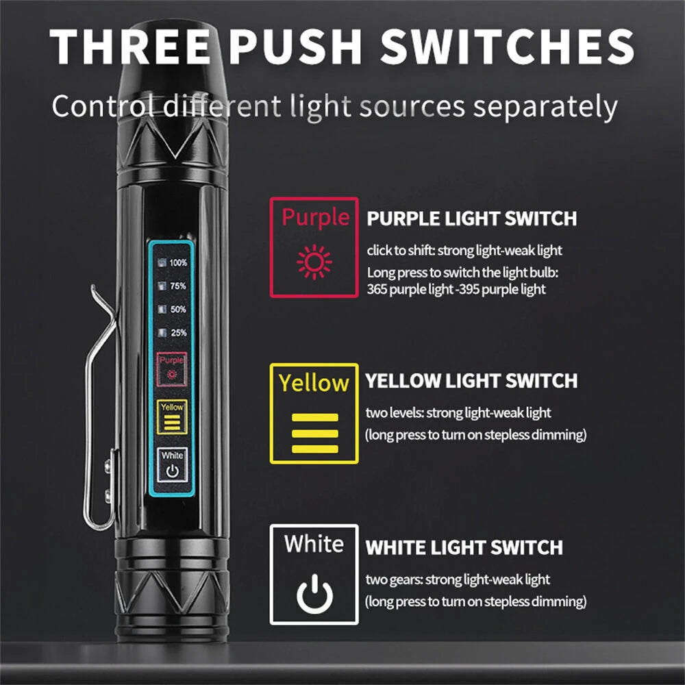 Bikight 4 LED Light Sources Pen Shape Flashlight 365nm+395nm+Yellow+White USB Rechargeable Money Pet Urine Ore Cat Fluorescent Marker Check UV Light Camping Light Inspection Light