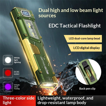 BIKIGHT 10W Compact Thin Mini Portable LED Flashlight Digital Display EDC Tactical Rechargeable Work Light, Three-Source Outdoor Camping and Emergency Use High-Intensity LED Torch