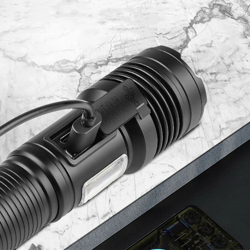6502B  XHP70 Super Bright Zoomable Power Bank LED Flashlight with COB Side Light Hunting Red Blue Light USB Rechargeable Lighting Electric Lamp Outdoor Fishing Camping Torch