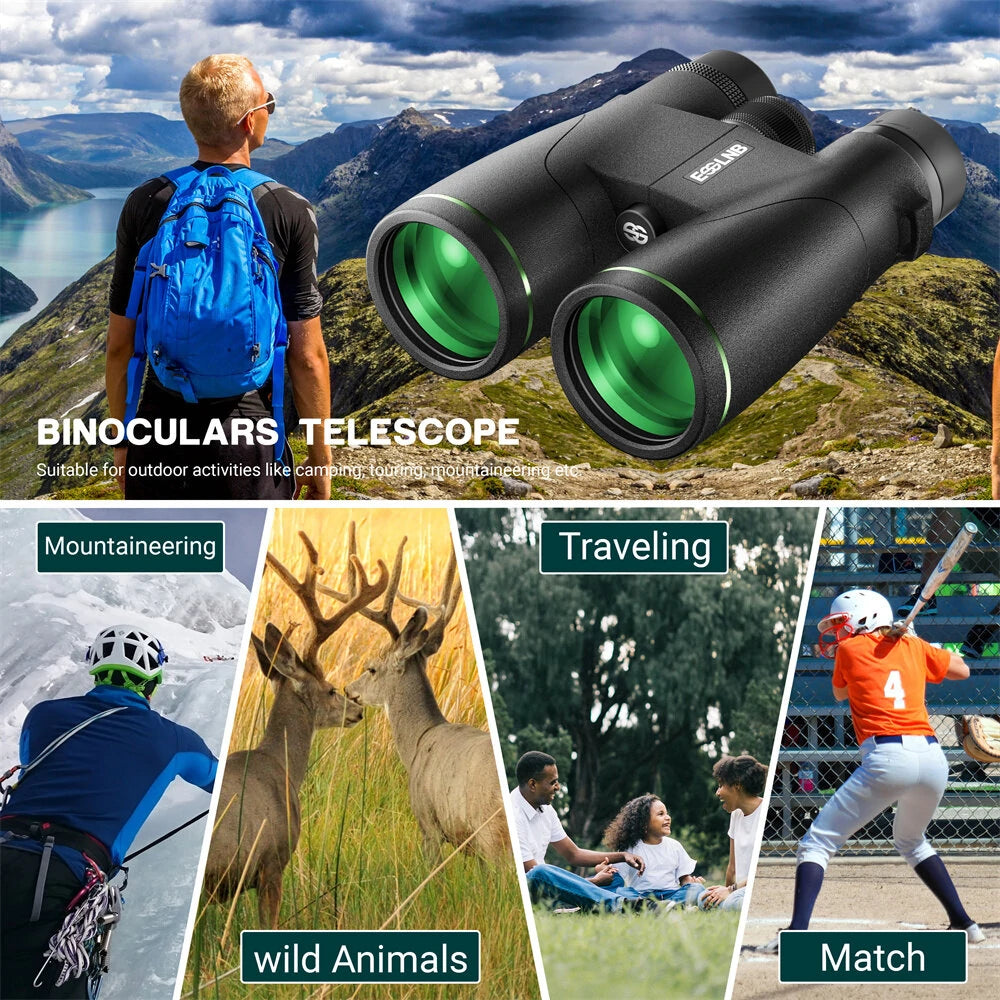 [EU Direct] ESSLNB ES3074 12X50 Binoculars Green Film FMC Waterproof Binoculars with Phone Adapter 22mm Large Eyepiece Compact Binoculars for Bird Watching Tracing