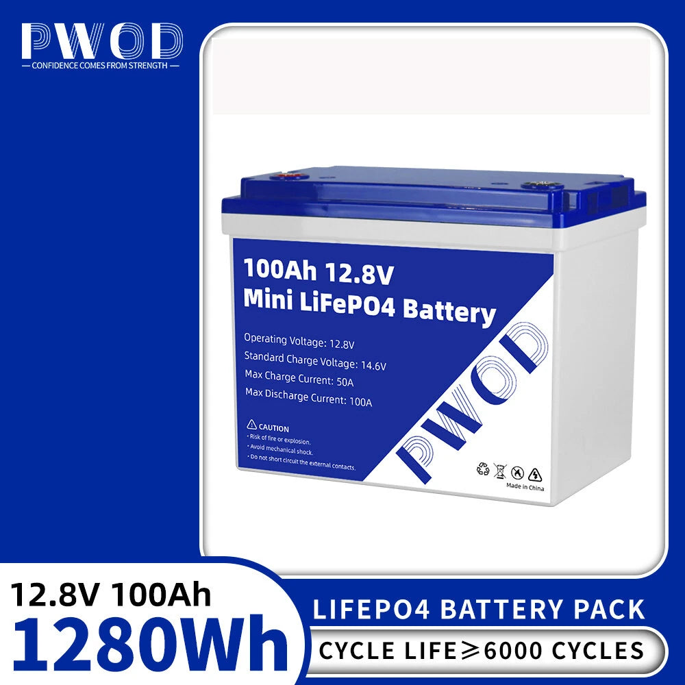 PWOD 12.8V 100Ah 1280Wh Mini LiFePO4 Battery Pack Grade A Build-in BMS Lithium Iron Phosphate For RV EV Camping