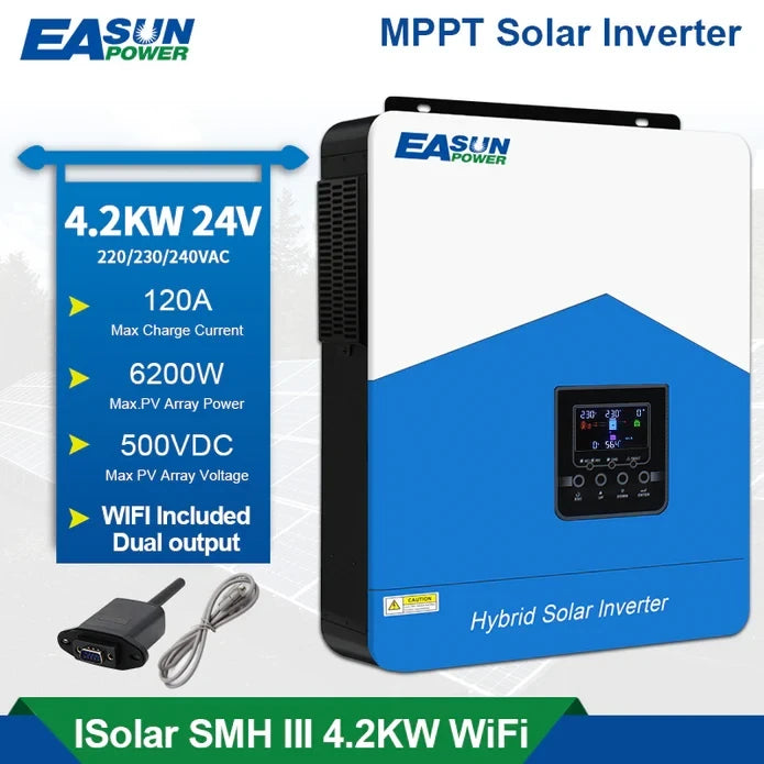 [EU Direct] EASUN POWER 6200W/4200W Solar Hybrid Inverter 220V 120A MPPT Solar Charger PV 450VDC Input Pure Sine Wave Support with WIFI-GPRS Remote Monitoring LCD For Lead-Acid, Lithium Battery and LifePo4, EASUNPOWER ISolar SMH III 4.2KW/6.2KW--WIFI