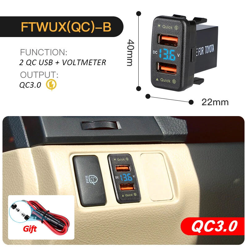 Dual USB QC Car Charger Socket Power Adapter With 12-24V Voltmeter LED Car Accessories 40mm*22mm For Toyota Quick Charge For Mobile Phone