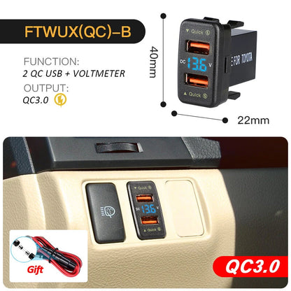 Dual USB QC Car Charger Socket Power Adapter With 12-24V Voltmeter LED Car Accessories 40mm*22mm For Toyota Quick Charge For Mobile Phone