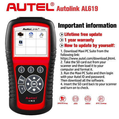 Autel AL619 Car Diagnostic Tool OBD2 Auto Scanner Diagnostic Tool OBD 2 Supported Multiple Languages ABS/SRS System Diagnosis
