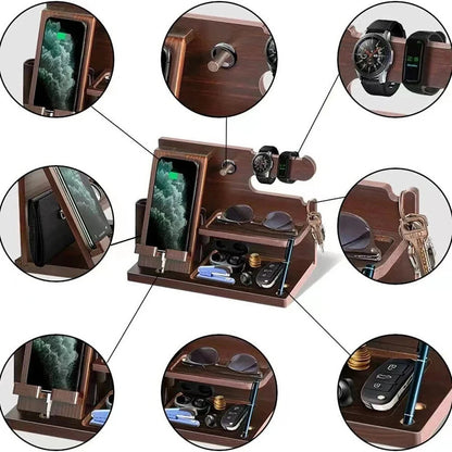 Multifunctional Desktop Charging Mobile Phone Holder Wooden Phone Storage Stand Key Holder Wallet Stand Watch Organizer