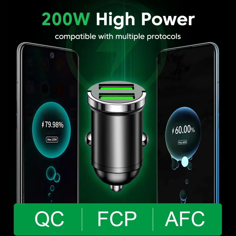 200W Dual USB Car Charger Fast Charging for iPhone QC3.0 Mini USB Car Phone Charger for Xiaomi for Samsung Huawei Honor