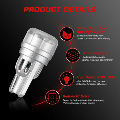 NOVSIGHT 12V T10 Pair Car LED Light Bulbs 2W Tail Light Bulbs 188LM High Brightness 3020SMD for Turn Signal Lights