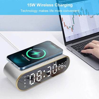 LED Mirror Digital Alarm Clock Support Phone Wireless Charging 2 Alarm Group Snooze Function Real-Time Temperature