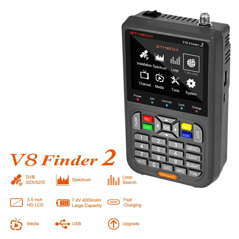 [EU Direct] GTMEDIA V8 Finder2 Celestial Planet Astronomical Finder Signal Meter Built-in 4000mAh Rechargeable Battery HD 1080P 3.5" LCD Compatible For DVB-S2X/S2/S MPEG-2/4 H.264 8 Bit Receiver