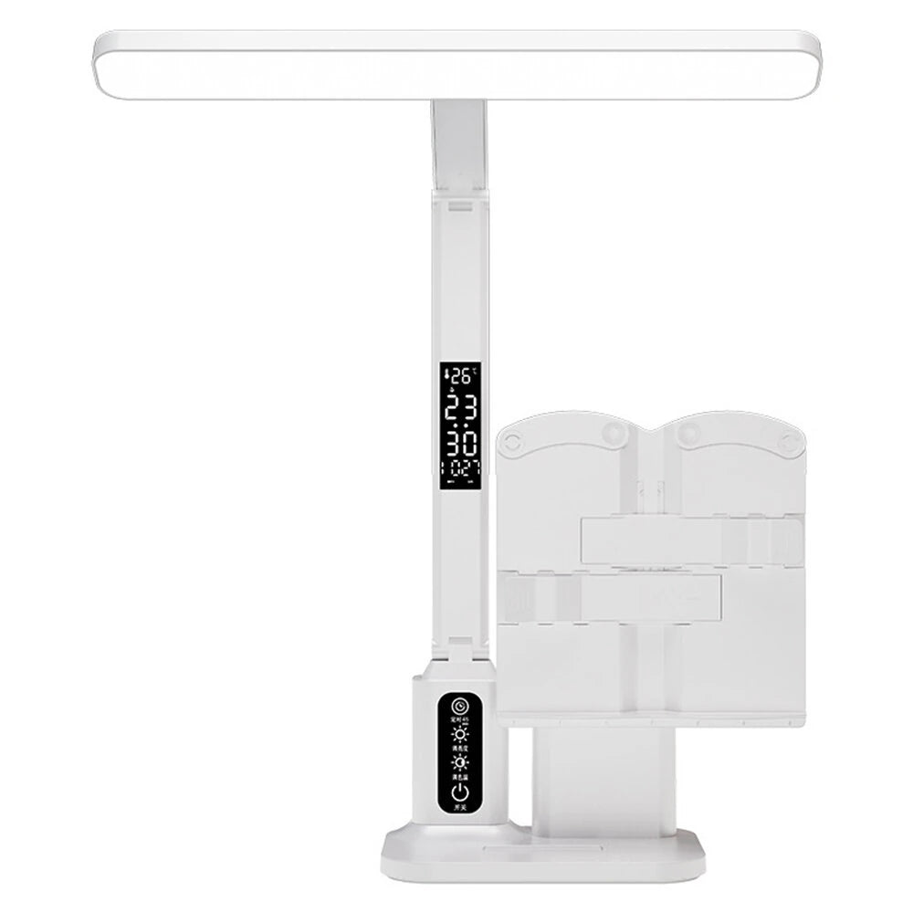 Elfeland LED Eye-Care Desk Lamp 3 Color Temperatures & 5-Level Brightness Dimmable USB Rechargeable 6000mAh With Clock & Thermometer Display Pen Holder Book Holder