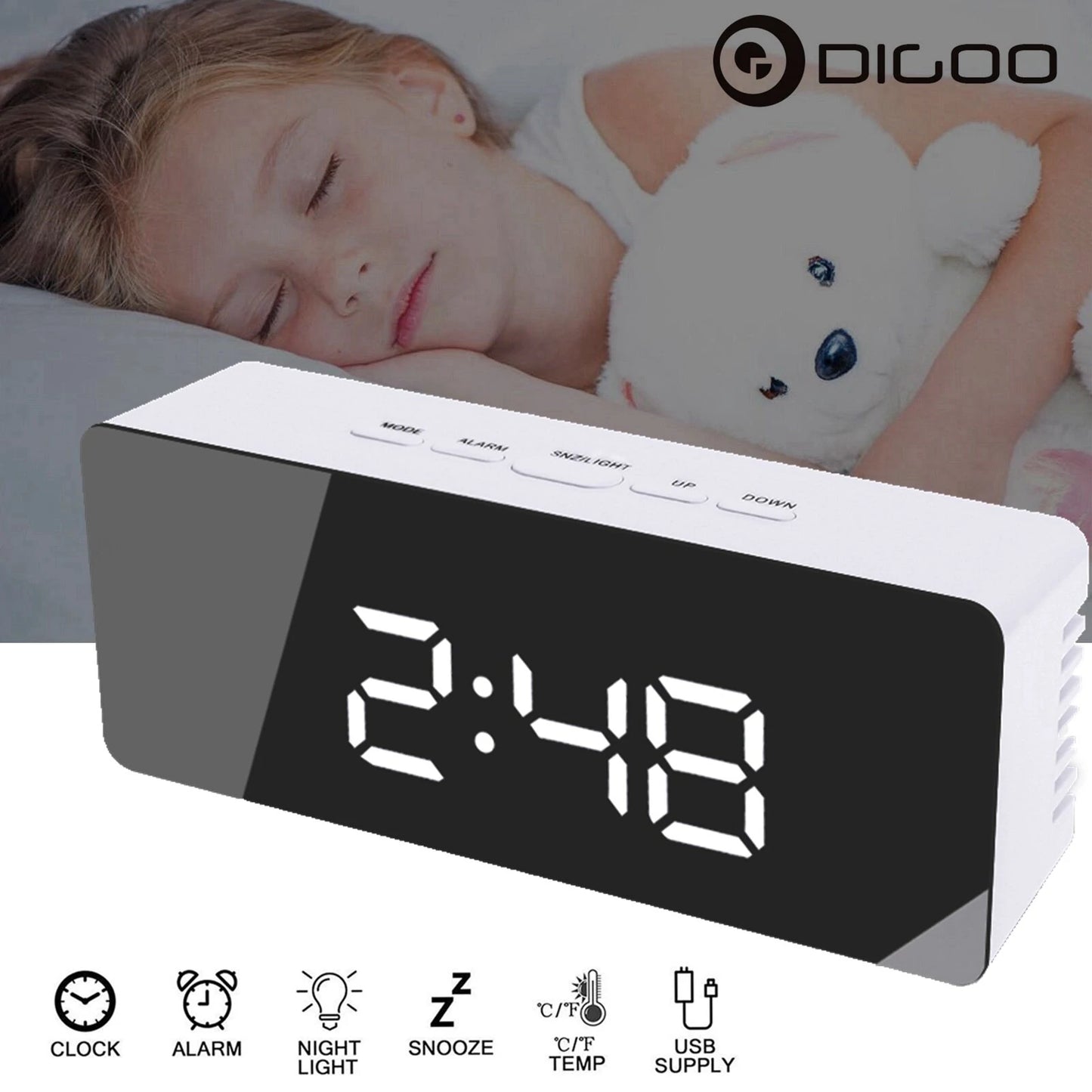 Digoo Wireless USB Mirror Alarm Clock LED Digital Therometer Temperature Night Mode Black DG-DM1