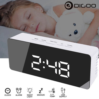 Digoo Wireless USB Mirror Alarm Clock LED Digital Therometer Temperature Night Mode Black DG-DM1