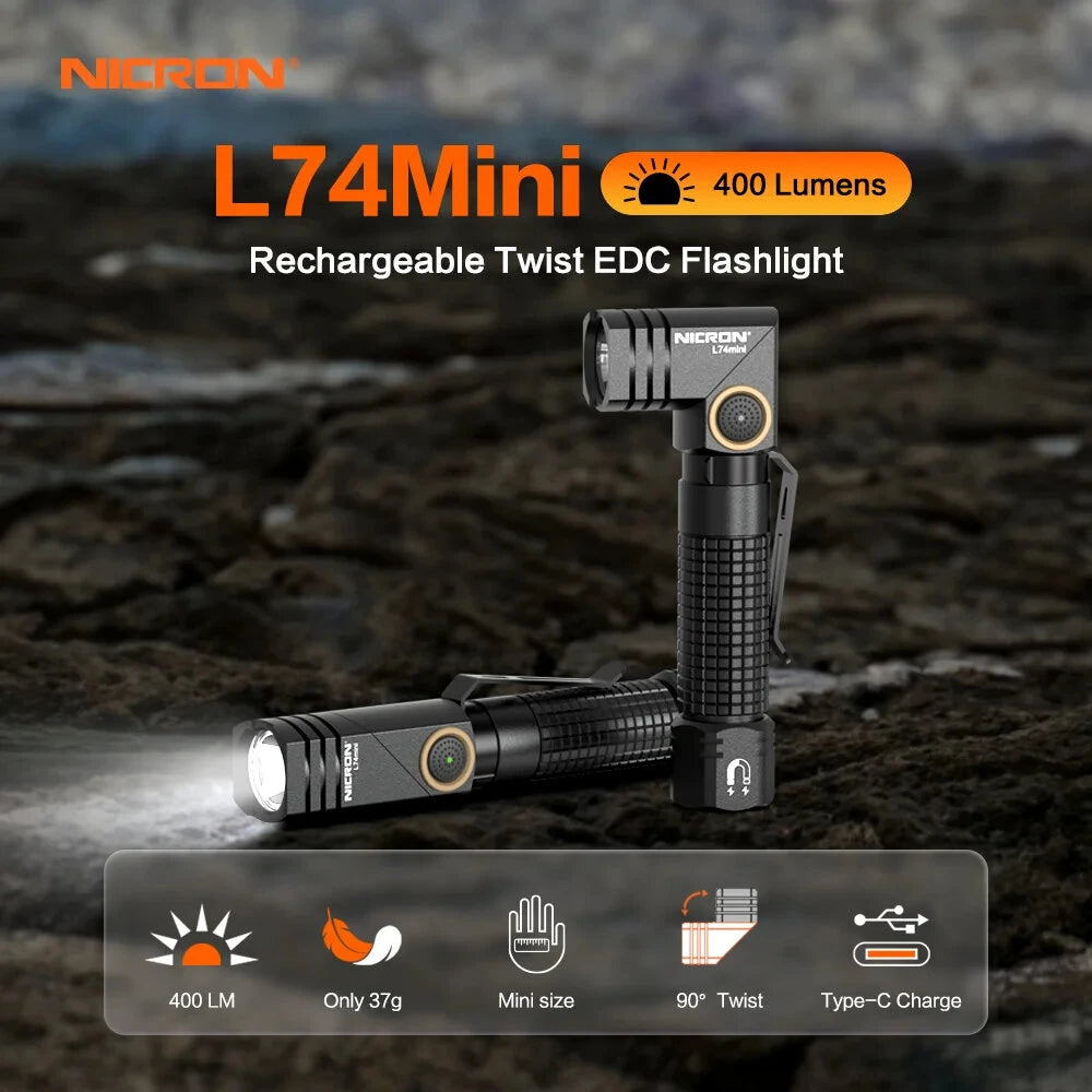 Nicron L74 Mini Tiny 400 Lumens Tactical EDC Flashlight L-shape LED Torch Rechargeable with Magnet 90 Degree IP65 Waterproof Led Pocket Light