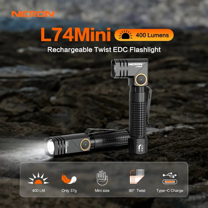 Nicron L74 Mini Tiny 400 Lumens Tactical EDC Flashlight L-shape LED Torch Rechargeable with Magnet 90 Degree IP65 Waterproof Led Pocket Light