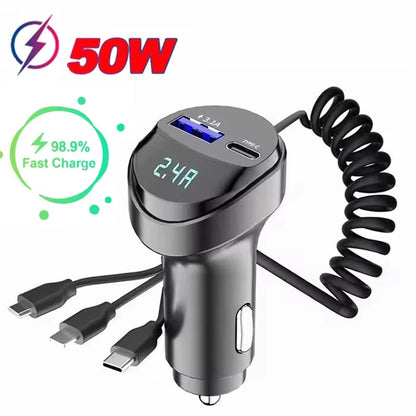 3 In 1 Car Multi-function 2 Ports 55W USB Car Charger Fast Charging USB Retractable Charging Cable with Voltage Display