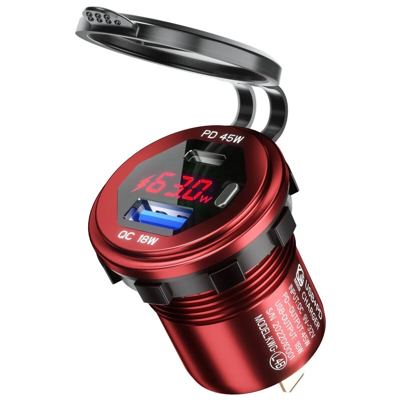 12-24V 63W Metal Car Charger Socket 45W PD + 18W QC3.0 with LED Voltage/Power Display ON/OFF Switch for SUV Motorcycle Truck Boat ATV