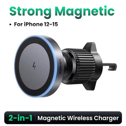 UGREEN Magnetic Car Phone Holder Wireless Charger Stand for Magsafe Car Charger LED Light for iPhone 16 15 14 Pro Max Charging