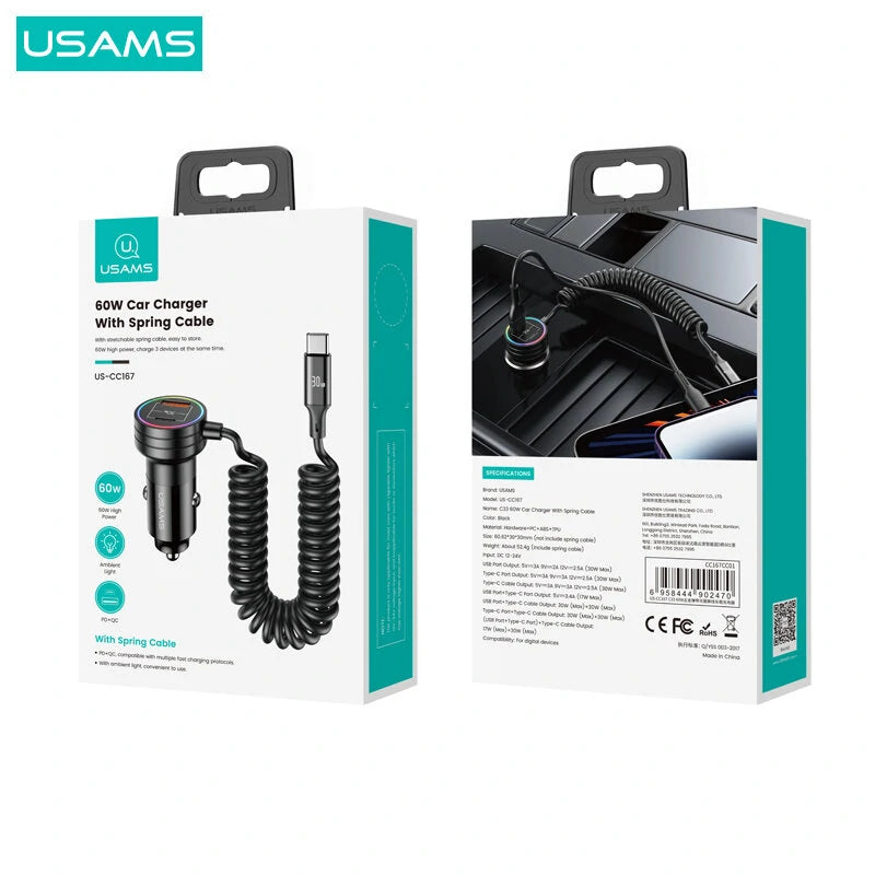 USAMS C33 60W 12-24V Car Charger USB Type C PD Fast Charge Hardware Plastic Belt with Aperture Spring Cable