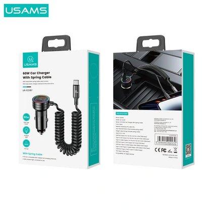 USAMS C33 60W 12-24V Car Charger USB Type C PD Fast Charge Hardware Plastic Belt with Aperture Spring Cable