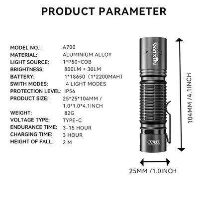 Warsun A700 500 Lumen 18650 Flashlight Emergency Torch Type C Rechargeable Small Portable Lantern Hand Lamp Long Shot Camping Light