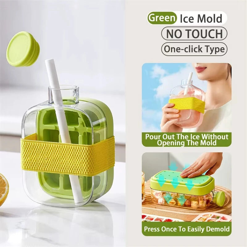 Silicone One-click Ice Mold Bottle Cooler Cup with Straw Ice Cube Tray with Lid for Freezer Creative No Touch Mould for Summer