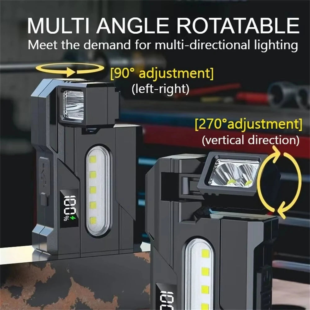 Multipurpose Dual Light Source LED Keychain Flashlight LCD Display Rotatable Pocket Work Light with Metal Clip EDC Torch for Outdoor Camping Hiking Emergency
