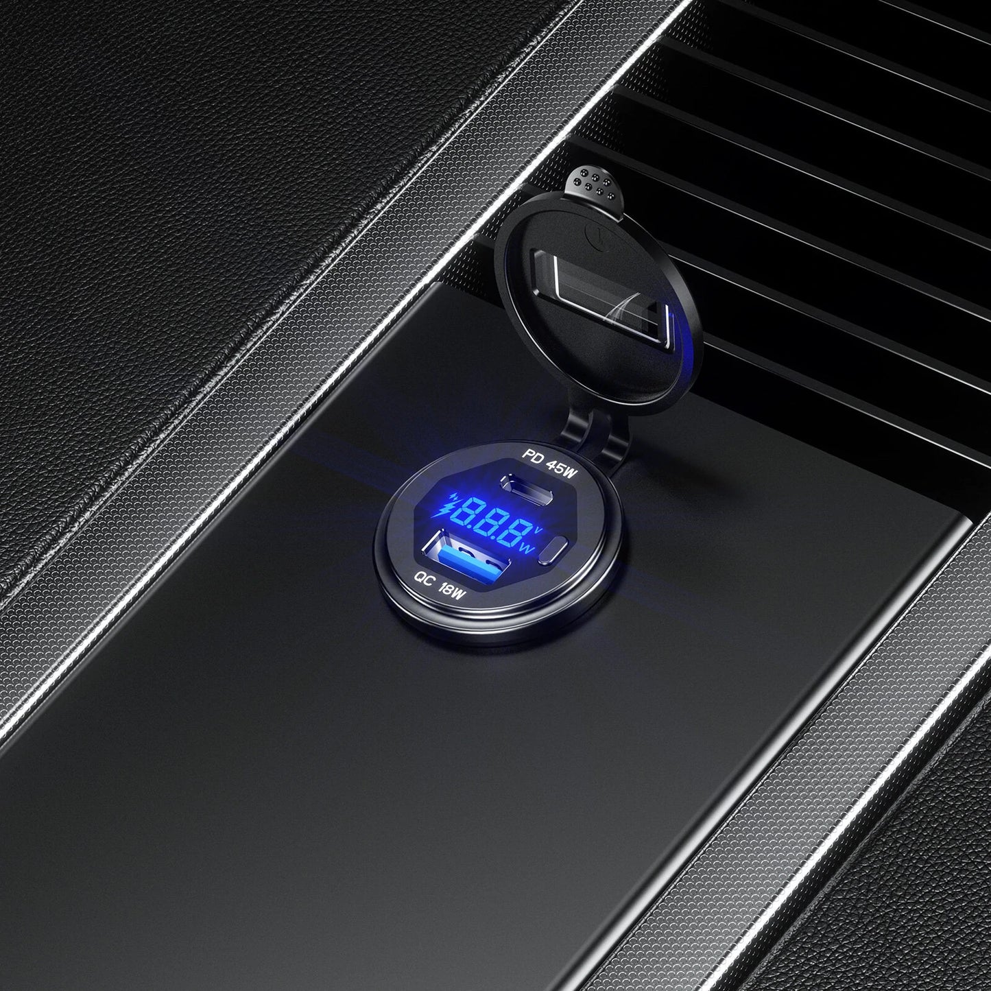 12-24V 63W Metal Car Charger Socket 45W PD + 18W QC3.0 with LED Voltage/Power Display ON/OFF Switch for SUV Motorcycle Truck Boat ATV