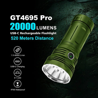 LUMINTOP GT4695 Pro 20000 Lumens High Powered LED Flashlight with Large Capacity 32000Mah 46950 Battery Power Bank, 520M Strong Light LED Torch Outdoor Powerful Search Light