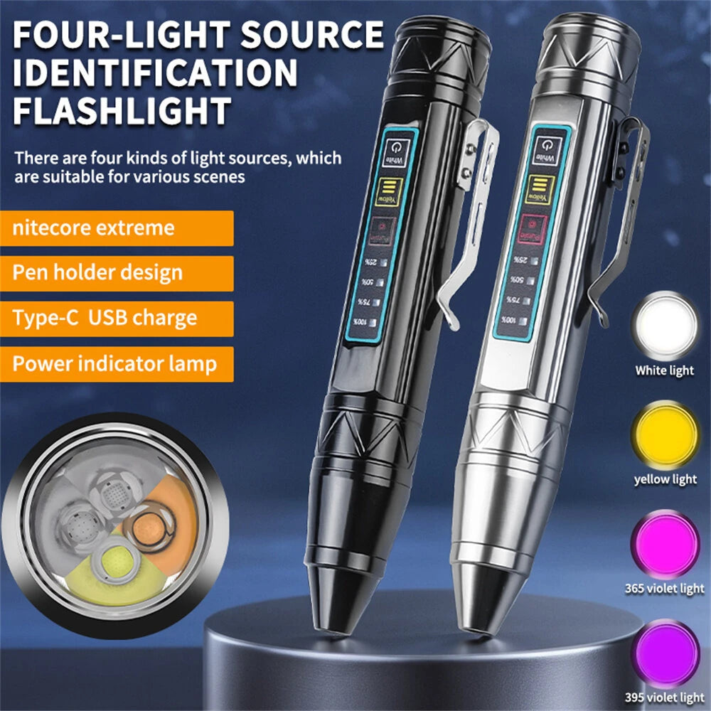 Bikight 4 LED Light Sources Pen Shape Flashlight 365nm+395nm+Yellow+White USB Rechargeable Money Pet Urine Ore Cat Fluorescent Marker Check UV Light Camping Light Inspection Light