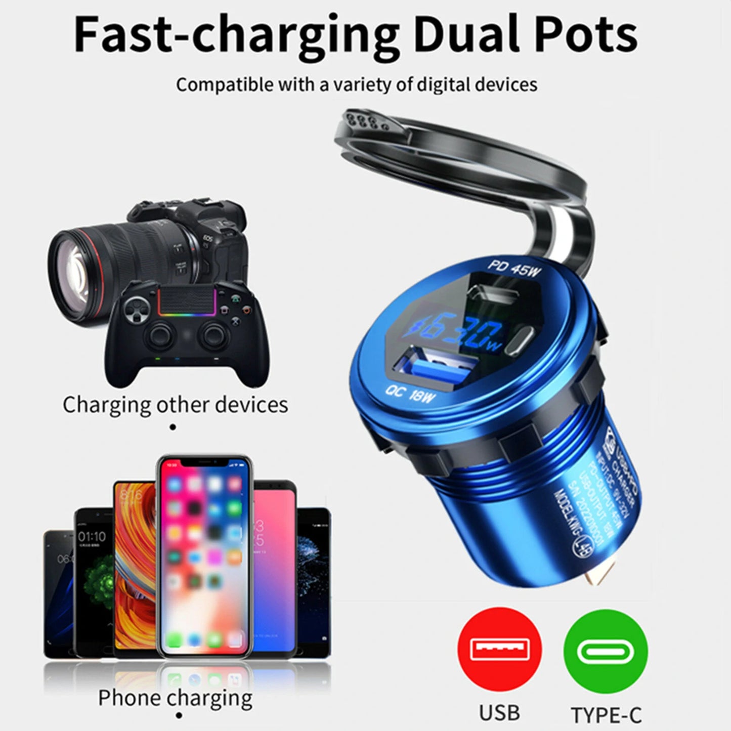 12-24V 63W Metal Car Charger Socket 45W PD + 18W QC3.0 with LED Voltage/Power Display ON/OFF Switch for SUV Motorcycle Truck Boat ATV