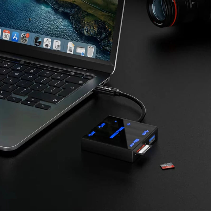 5-in-1 Type-C Docking Station with USB3.0*3 / TF&SD Card Reader Slot Multiports External Hubs Adapter with LED Backlight for PC Laptop Computer