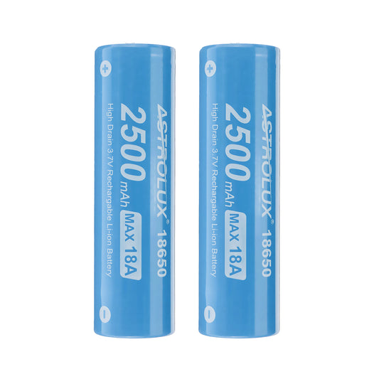 2Pcs Astrolux E1825 18A 2500mAh 3.7V 18650 Li-ion Battery Unprotected High Drain Rechargeable Lithium Power Cell For Astrolux Nitecore Lumintop Fenix Olight Flashlights RC Toys