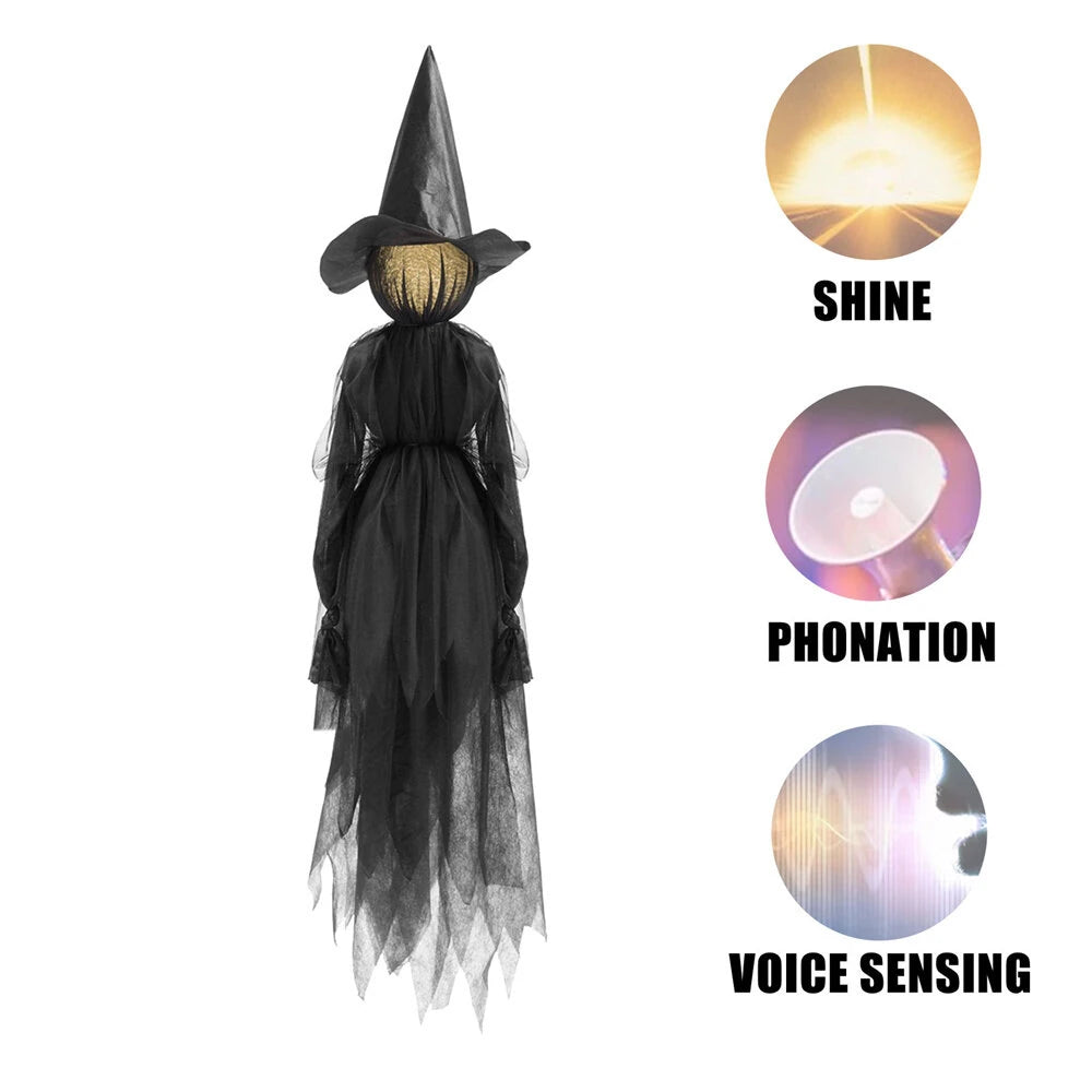 Elfeland 1/3pcs Faceless Voice-Activated Floating Witch Decor with 7-Color Glowing Head & Sound Effects Life-Size Scary Halloween Prop