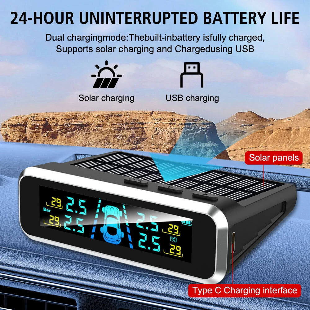 Solar Charging TPMS Car Tire Pressure Monitoring System Digital LCD Display Four-wheel Pressure Real-time Monitorings