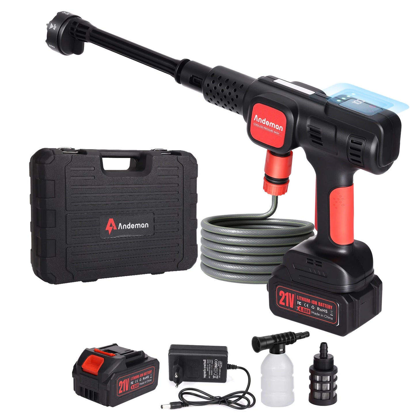 Andeman Battery Pressure Washer, Portable Pressure Washer, 6-in-1 Multi Spray Nozzle, 5 m Hose for Car, Patio, Garden